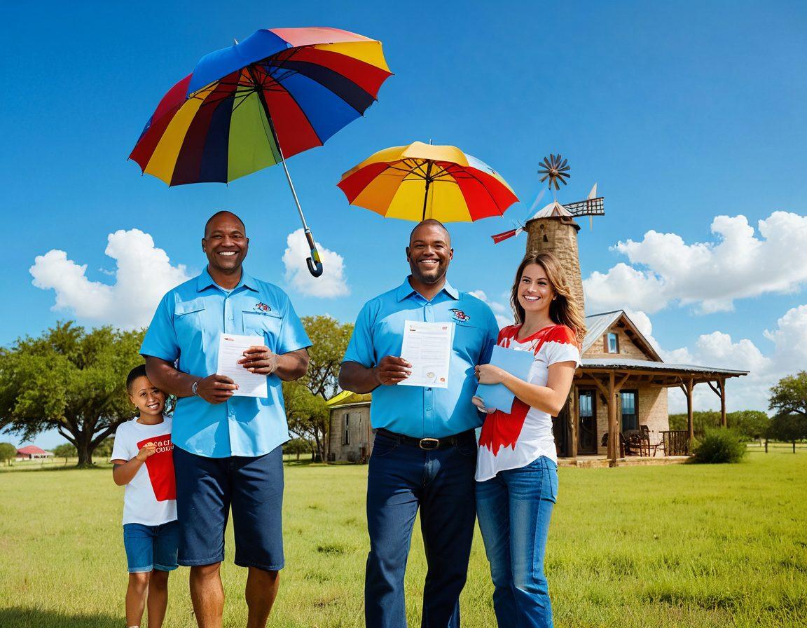 A warm, welcoming Texas family standing together under a large blue sky, with iconic Texas landmarks in the background such as a windmill and longhorn steer. The family, including diverse members, holds colorful insurance policy documents, smiling confidently. Include symbols of protection like umbrellas and shield icons subtly integrated in the design. The scene captures a sense of unity and security, representing Lone Star families navigating their insurance options. vibrant colors. super-realistic.