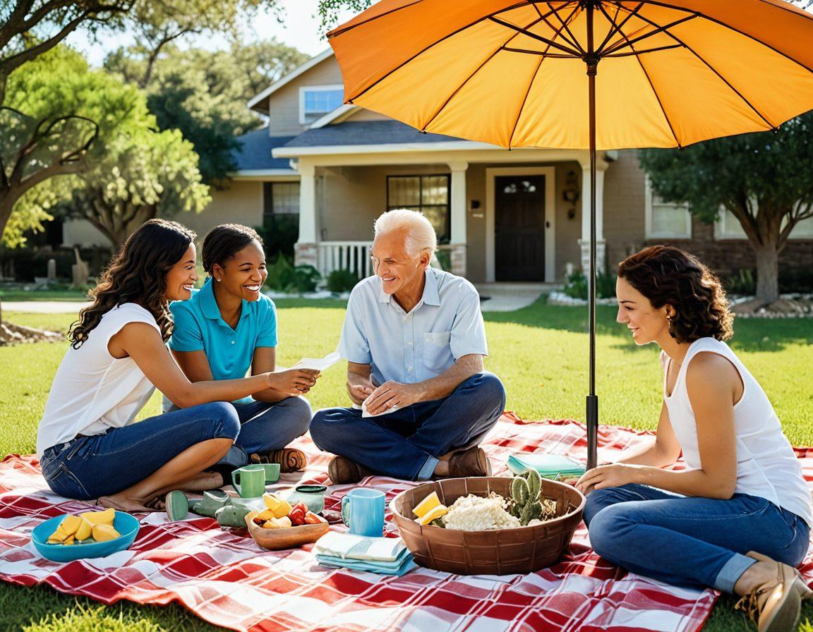 Create a warm, inviting scene of a family enjoying a picnic in a sunlit Texas park, showcasing unity and love. Include symbols of protection like an umbrella shielding them, and subtle hints of insurance documents or a calculator nearby. Infuse elements of the Lone Star State, such as a Texas flag or cacti in the background. The overall tone should feel reassuring and safe, suggesting affordable solutions. super-realistic. vibrant colors. warm lighting.