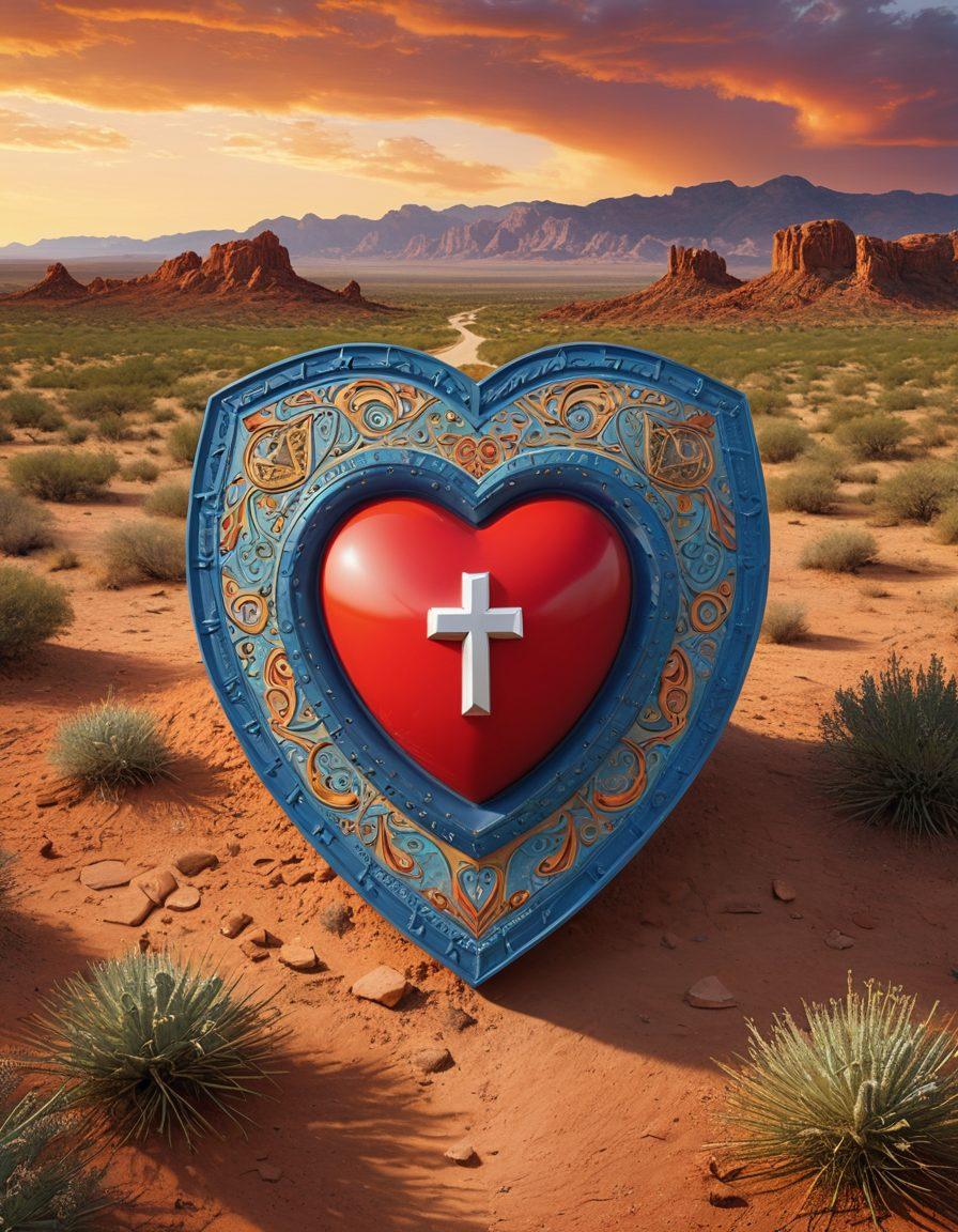 A heart symbol intertwined with a shield, representing love and protection, set against a backdrop of Texas landscapes including deserts and cities. Showcase diverse Texas residents smiling, symbolizing community and affordability in insurance. Include subtle elements like dollar signs and insurance documents subtly integrated into the design. warm colors. super-realistic. vibrant colors.